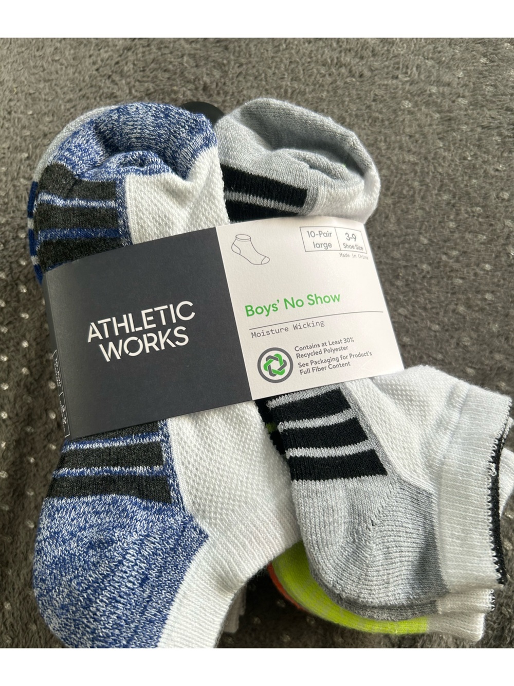 Athletic Works No-Show Socks in Blue, White, Black - Boys (10-Pack)